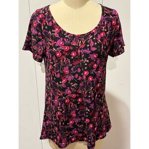 Women's Lularoe Floral Print short sleeve a-line knit top Size XS Black Pink